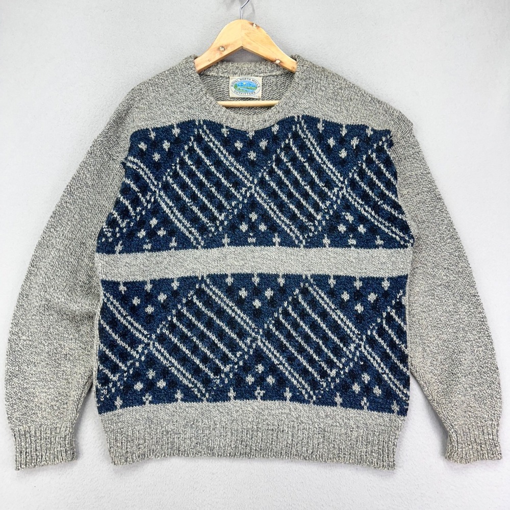 Vintage 80s Crewneck Sweater Mens Medium Fair Isle‎ Wool Knit Chunky Preppy